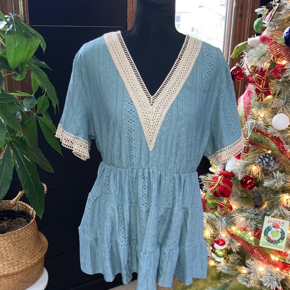 SHEIN Tops - SHEIN Blue Eyelet Lace Trim Blouse